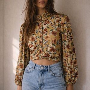 Sage The Label‎ Mustard Floral Tie Back Cropped Top XS NWT